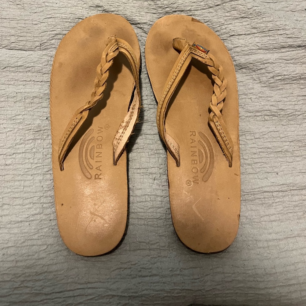 Rainbow tan braided leather flip flops size 7.5